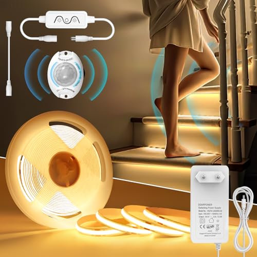 Öuesen COB LED Strip 3M Mit Bewegungsmelder, Streifen Warmweiss 3000K Dimmbar 24v, Leiste Wasserdicht IP44, Lichtband Selbstklebend mit Controller und Timing-Funktion Für Schrank, Küche, Treppe