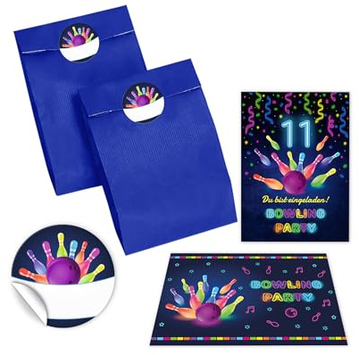 JuNa-Experten 8 Einladungskarten zum 11. Kindergeburtstag Bowling Kegeln Jungen Mädchen Einladung elfte Geburtstag incl. 8 Umschläge, 8 Partytüten/blau, 8 Aufkleber