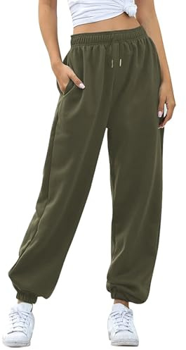 Jhsnjnr Joggingbyxor, dam, långa, bekväma sweatbyxor, hög midja, träningsbyxor med fickor, fritid, baggy sweatpants sportbyxor, Armégrön, XL