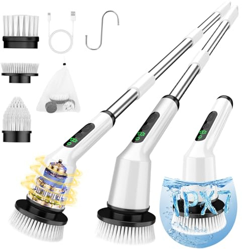 Electric Spin Scrubber for Cleaning Bathroom, Shower Scrubber Cordless Cleaning Brush with IPX7 Waterproof & 2 Speed, 3 Brush Heads, Bathroom Cleaning Supplies for Shower Tub Kitchen Tile Toilet White