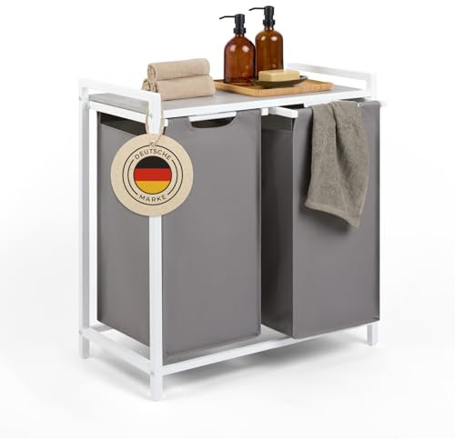 Blumtal cubo de ropa sucia 2 compartimentos de color negro para organizar - cubo de lavanderia con balda superior de material con aspecto de madera de bambú - armazón de metal robusto de color negro