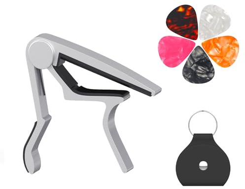 Gitarren Kapodaster für Akustikgitarre 6 Saiten und 12 Saiten, Gitarrenkapodaster mit Plektrumhalter und 5 Plektren, Metall Kapodaster für Ukulele, Mandoline, Banjo und andere (Silber)