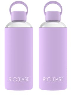 Rioware® Aquashot - Botella de agua de vidrio de borosilicato con funda de silicona (750 ml), tapa hermética, a prueba de fugas, tapa de silicona, botellas de agua para nevera para el hogar, la