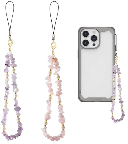 keyxer 2 Pièce Cordon Telephone Portable, Cristal Naturel Bracelet Telephone, Universelle Chaine de Telephone, Bijoux De Telephone, Dragonne Telephone Portable pour Femmes Filles(Rose+Violet)