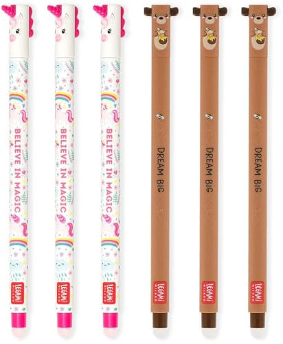 LEGAMI Set mit 6 radierbaren Gelstiften mit thermoempfindlicher Radiertinte, verschiedene Tintenfarben und Schaftdesigns, 0,7 mm Spitze, Einhorn-, Teddybär-Designs