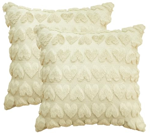 Artoid Mode Ensemble de 2 housses de coussin en peluche beige en fausse fourrure jacquard avec motif cœur, 45x45 cm, pour canapé, décoration de salon
