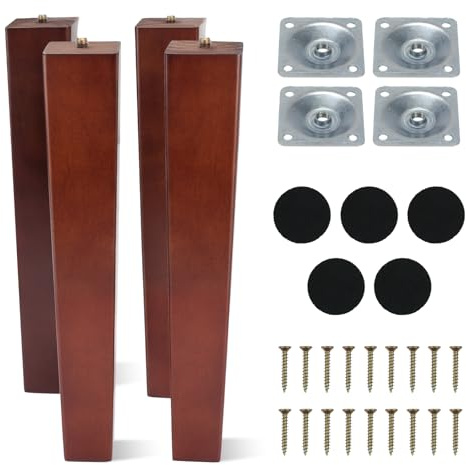 AWBEOT 4 PCS 30 cm Möbelfüße Holz, Möbelbeine aus Holz, Tischbeine Vierkant Möbelbeine, Massivholz Beine, Sofa Ersatzbeine, mit Montageplatten,Schrauben,Filzgleiter,für Bett,Schrank,Stuhl,Walnussfarbe