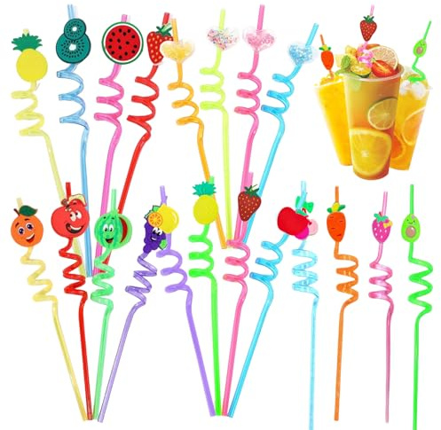 Cannucce di Plastica,Mengger 20 pezzi Cannucce di Plastica,Cannucces Riutilizzabili,Cannucces con Cartoni Animati per Bambini Arricciate Feste di Compleanno Bambini Succhi(Multicolori)