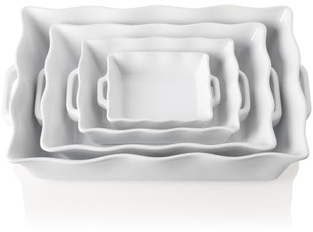 Sweejar Casserole Dishes for Oven, Ceramic Bakeware Set of 4, Rectangular Baking dish with Handles, Wave Edge Lasagna Pan Deep for Cooking, Cake, Dinner, Banquet and Daily Use (White)