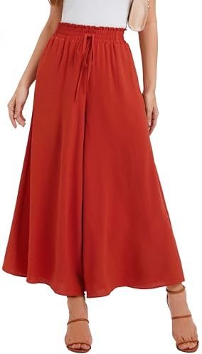 WUWUSKY Pantaloni a Gamba Larga Donna in Vita Alta Estivi Pantalone Larghi Lunghi da Lavoro Casual con 2 Tasche, 01 Rosso Marrone, M