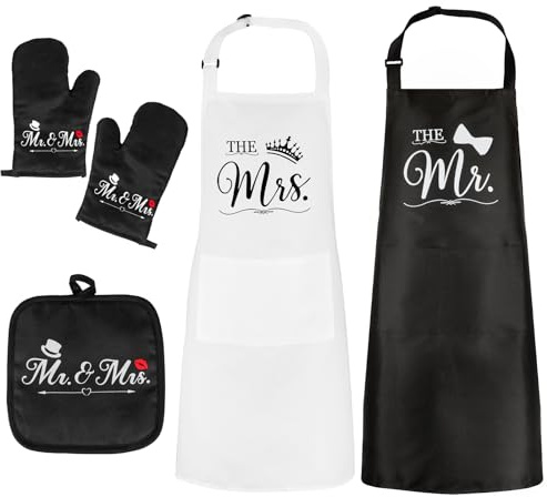 HOWAF Mr & Mrs Couple Aprons Set, Wedding Gifts for Couple Gifts Adjustable Kitchen Aprons for Women Men, Oven Gloves & Pot Holder, His and Hers gifts for Anniversary, Valentines, Engagement,Christmas
