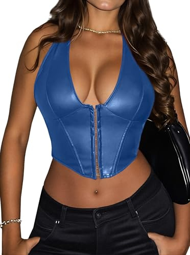 Benfoly Women's Y2K Leather Halter Top Backless Corset Bustier Top Lace Up Sexy Going Out Crop Tank Halter Neck Party Club, Royal Blue, M