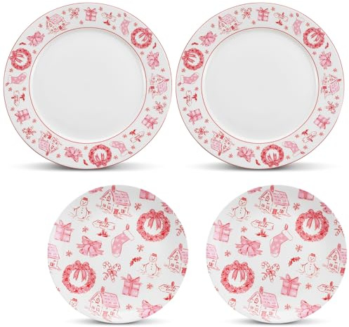 Jinei 4 Pcs Christmas Pink Bow Plates Xmas Porcelain Print Dessert and Dinner Plates Set with Pink Edge Festive Dinnerware for Holiday Xmas Party Table Decor Gift Giving, 9 and 7