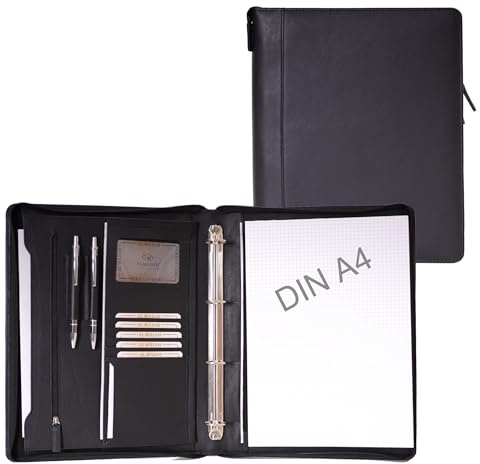 ALMADIH A4 Dokumentenmappe Rindsleder mit Schreibblock sw Ledermappe Ringbuchmappe Mappe Schreibmappe Organizer Terminkalender Aktenmappe Konferenzmappe echt Leder Tagungsmappe (Schwarz)