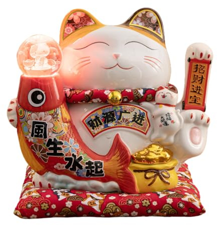 TXYXT Lucky Statue Cat with Waving Arm-Chinese Ceramic, Japanese Fortune Cat,Large Moving Arm Good Luck Cat for Home, Office, Store Decor (YS1102)