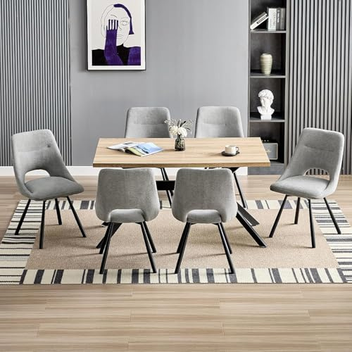 LEWE Essgruppen Rechteckig Esstisch aus Holz mit 6 Drehbare Stühlen, Grau | 140 x 80cm Esstisch mit Gepolsterte Esszimmerstühle, Drehbar 360°,Breitere Sitzfläche, für Küche Esszimmer und Wohnzimmer