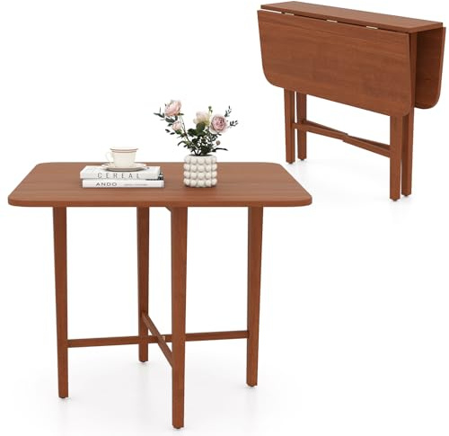COSTWAY Table Pliante Cuisine 4 Personnes, 2 Rallonges, Pieds en Bois | Table à Manger Pliante 90 CM, Style Fermier, Console Compacte 26 cm pour Petit Espace, Salon, Noyer