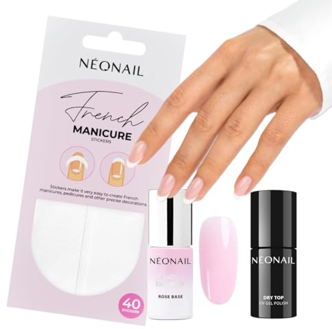 NÉONAIL French Manucure Set – Pochoirs French Arrondis (40 pièces) Base UV Baby Boomer Rose 7.2 ml et Top Dry 7.2 ml– Pour des Ongles French et Baby Boomer Parfaits