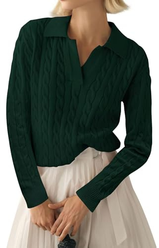 LACOZY Womens Fall Long Sleeve Sweaters Lapel V Neck Cable Knitted Pullover Shirts Casual Soft Jumper Top