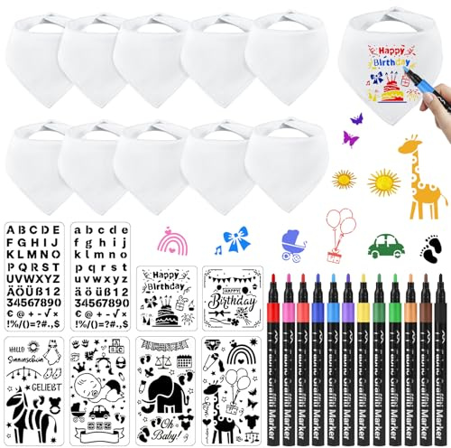 PATEMZON Baby Lätzchen zum Bemalen Set, 10 Stück Baby Dreieckstuch Baumwolle Weiß, mit 12 Textilstifte 6 Malen Schablonen, DIY Babylätzchen Baumwolle Babyparty Babyshower Junge Mädchen