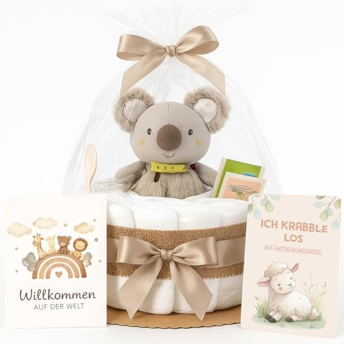 Gâteau de couches pour fille et garçon avec hochet koala – Boho Vintage [fait à la main] – Cadeau de naissance pour bébé avec hochet koala, couches de qualité supérieure, cuillère pour bébé et thé bio