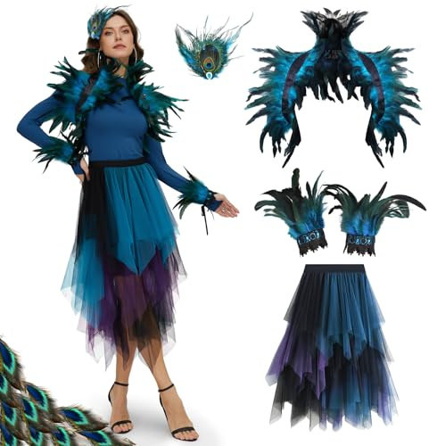 Ulikey Pfau Kostüm Damen, Blau Grün Pfau Tüllrock, Feder Cape, Kopfschmuck, Feder Manschette Handgelenk Armband, Karneval Paradiesvogel Rock für Fasching Cosplay Karneval Mottoparty (Pfau)
