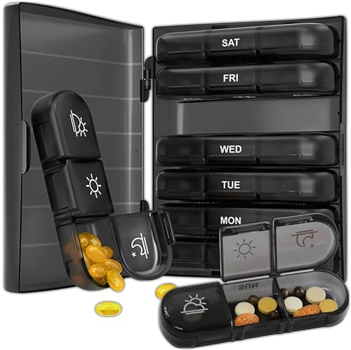 KRUMAD Tablettenbox 7 Tage Klein, Pillendose Morgens Abends mit Fächern, Kompakter Pill Organizer, Medikamentenbox für Tabletten & Supplements, Tabletten Organizer für Woche und Reise