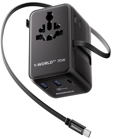 MOMAX Adaptateur de Voyage 70 W avec Câble Extensible, Compatible avec Le Monde Entier, Doté de 2 Prises Secteur, 2 Prises USB-A et 2 Prises USB-C. Adaptateur de Voyage International - Noir
