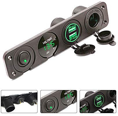 MASO Dual USB Portatile Caricabatterie 2.1 A & 2.1 A + LED voltmetro + 12 V Presa di Alimentazione + on-off Interruttore a levetta 4 in 1 Pannello Multifunzione(Green)
