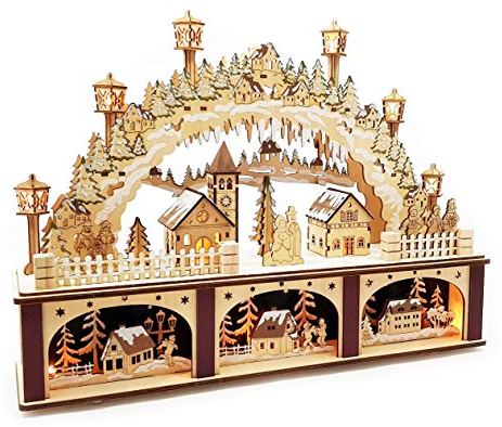 Wichtelstube-Kollektion XL 3D LED Schwibbogen mit Podest Weihnachtsdorf Lichterbogen Schwippbogen Echtholz Weihnachtdeko Holzkunst Fenster 45cm Breite