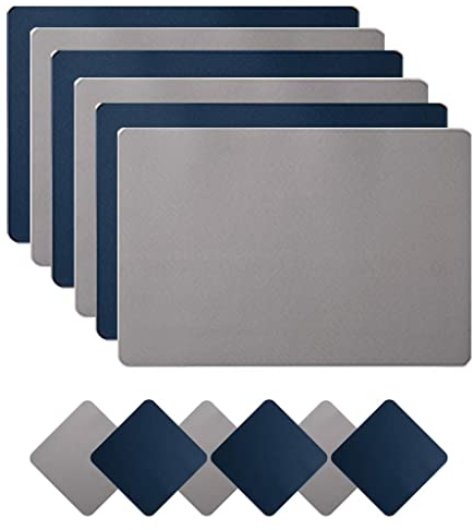 Placemats and Coaster Sets 6, Double Thickened Place Mats Set of 6 Dining Table Mats and 6 Coasters, for Hotel and Office (Blue+Light Gray)