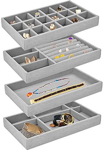 BUZIFU 4er Set Schmuckaufbewahrung Schublade Schmucktablett Samt Schubladeneinsatz Schmuck Tablett Stapelbar Schmuck Organizer Schublade Grau Schmuckeinsatz für Ohrringe Armband Ringe