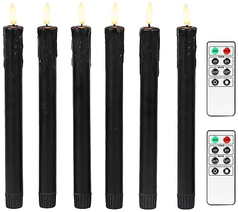 Fanna 6er Set LED Stabkerzen Tafelkerzen Schwarz Wachstropfen-Optik mit Fernbedienungen für Halloween 25 cm