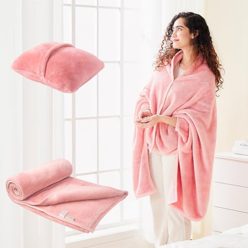 Mellowdy Schaldecke, Kissen, 2-in-1 mit Ärmeln, für Büro, Arbeit, Zuhause, tragbar, für Erwachsene, Snuggie-Mantel, Poncho, Flugzeug-Reiseset, Fleece-Schulterwickel für Männer und Frauen, Blüten Rosa