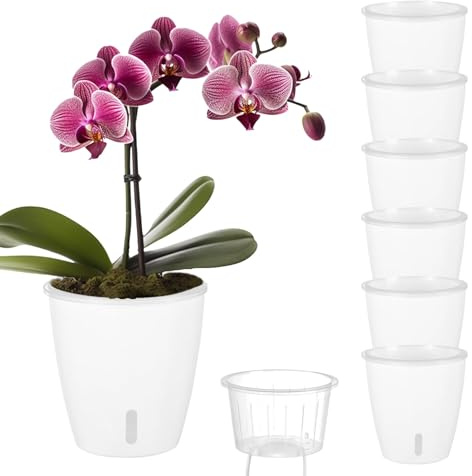 KvyusFlourish Self Watering Pots for Indoor Plants, 6-Pack 5'' Self Watering Planter with Drainage Holes, Small African Violet Pots with Water Indicator, Clear Wick Orchid Pot, White