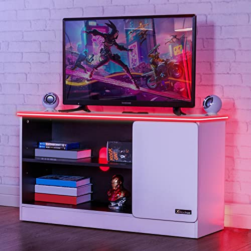 X-Rocker Carbon-Tek 100cm Width, RGB LED TV Stand Media Centre - Neo Fibre Lighting, 2 Open Shelves, 2 Shelf Storage Cupboard, Durable Wooden Frame for Kids & Teens - White