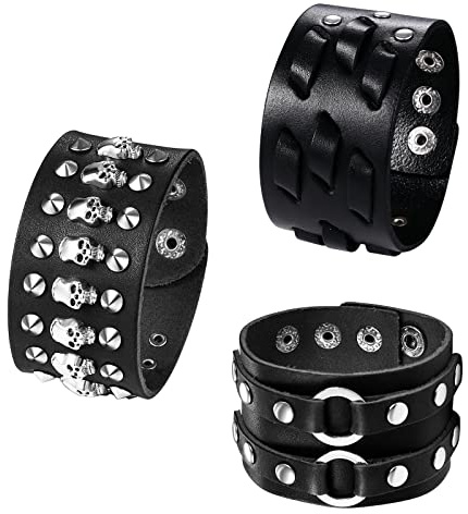 OIDEA 3PCS Herren Leder Armband Set (Punk Rock Stil 4.1cm-5cm Breite Groß geflochtene handgefertigt Manschette Kordelkette Druckknopf Armreifen, Legierung, Schwarz/Braun