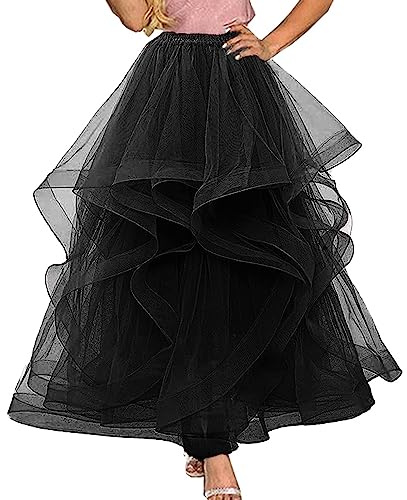 Lisong Women Floor Length Ruffle Layered High Waist Puffy Prom Party Evening Skirt Black XS