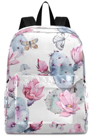 Mnsruu Pink Opuntia Cactus and Cute Butterfly Travel Backpack, Lightweight Rucksack School Bookbag Daypack for Adults Teen Students Boys Girls
