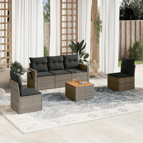 THOYTOUI 6-TLG. Garten-Sofagarnitur, Outdoor Furniture Terrassen möbel Set Gartengarnitur Set Gartenlounge Outdoor Geeignet für Garten Veranda Terrasse Balkon mit Kissen Grau Poly Rattan