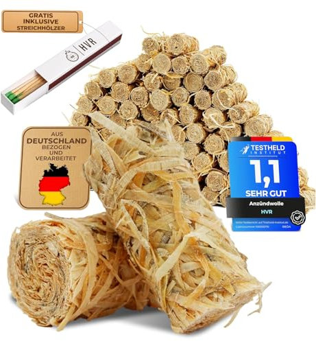 HVR 800 Stück Anzündwolle mit gratis ca. 15 Stück Streichhölzer – FSC-Zertifizierte Holzwolle – Umweltfreundlicher Grillanzünder - schnelles Anzünden und Lange Brenndauer - Made in Germany