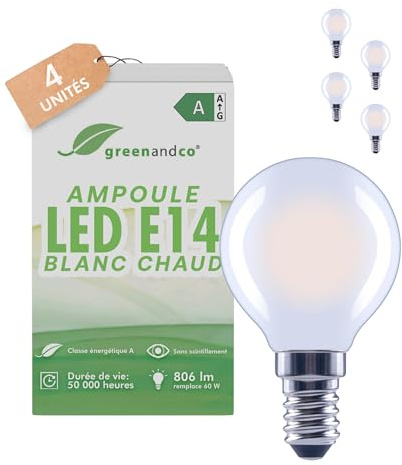 greenandco 4x Glühfaden LED Lampe | matt | E14 G45 | 3,8W 806lm | ersetzt 60W | 2700K warmweiß | 320° | 230V | flimmerfrei | Energieeffizienzklasse A | nicht dimmbar