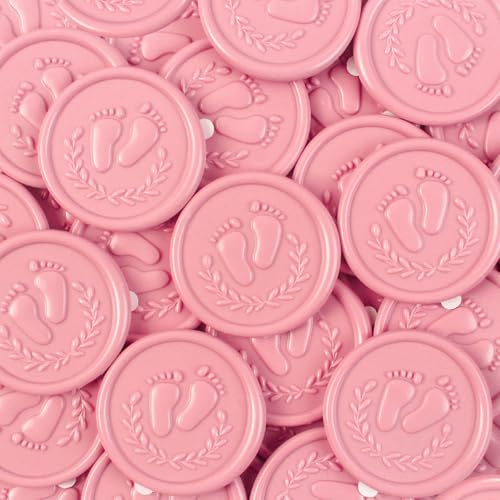 JAGERGREEN Rosa Wachssiegel Selbstklebend, Fußspuren Mustern, 48 Stück | Siegelwachs Aufkleber für Baby Shower Deko, Junge Gender Reveal, Einladungen, Briefumschläge, Geschenkverpackungen