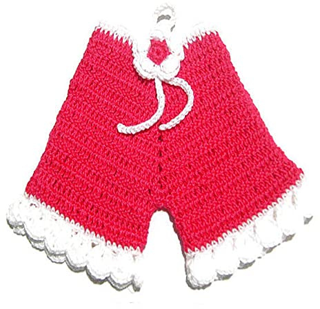 Presina ad uncinetto fucsia e bianca a forma di pantalone in cotone 12x16 cm (10PRS) - Made in Italy
