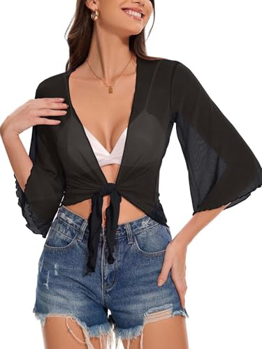 florynova Shrugs for Women Tie Front Cropped Cardigans Summer Half Sleeve Bolero Jacket Tops(Black,L)