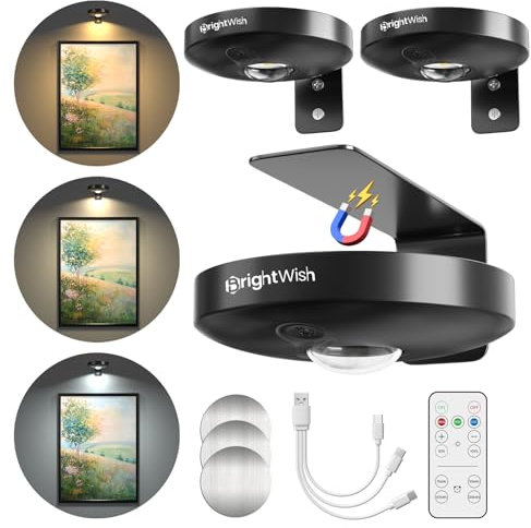BrightWish Wireless Picture Lights for Wall, Rechargeable LED Dartboard Light with Remote, Dimmable 3-Color Battery Operated Picture Light with Timer, Indoor Wall Spotlights (3-Pack)