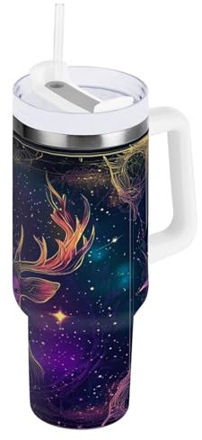 linqin Aesthetic Deer - Vaso aislado al vacío con tapa y pajita, botella de agua de 40 onzas con correa, reutilizable, taza de oficina para mujeres y hombres