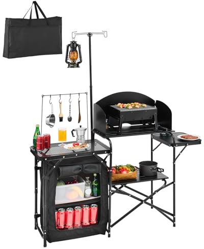 VEVOR Tavolo da Cucina da Campeggio all'Aperto, Stazione di Cottura Portatile in Alluminio con Armadio Portaoggetti, Borsa per Trasporto, Parabrezza Staccabile, per Barbecue, Festa, Picnic, Nero