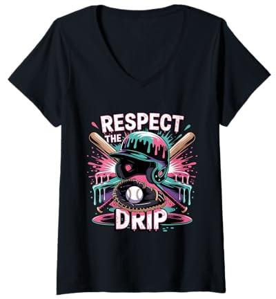 Womens Respect The Drip Baseball Ice Cream Drip Helmet Bats Boys V-Neck T-Shirt