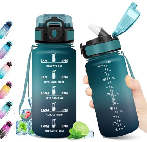 Borraccia 500ml, Bottiglia con Indicatore del Tempo Motivazionale, Bottiglia con Cannuccia, Riutilizzabile, Borraccia senza BPA, A Prova di Perdite, per Bambini, Scuola, Ufficio, Gym, Picnic